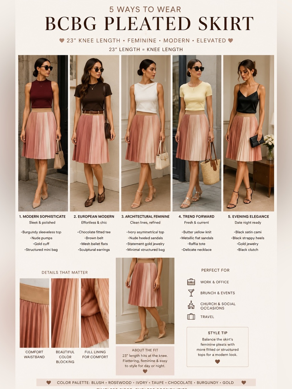 BCBGMaxAzria Two-Tone Pleated Midi Skirt in Beige & Rust